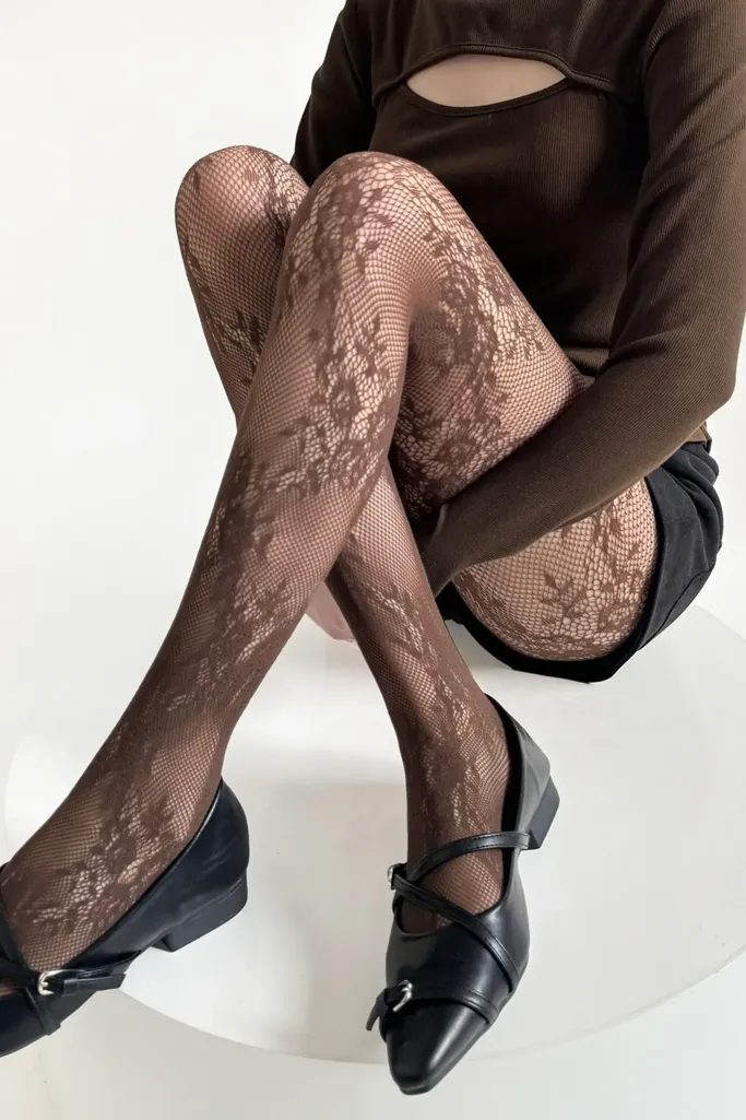 Brown Lace Floral Stockings - Image 1