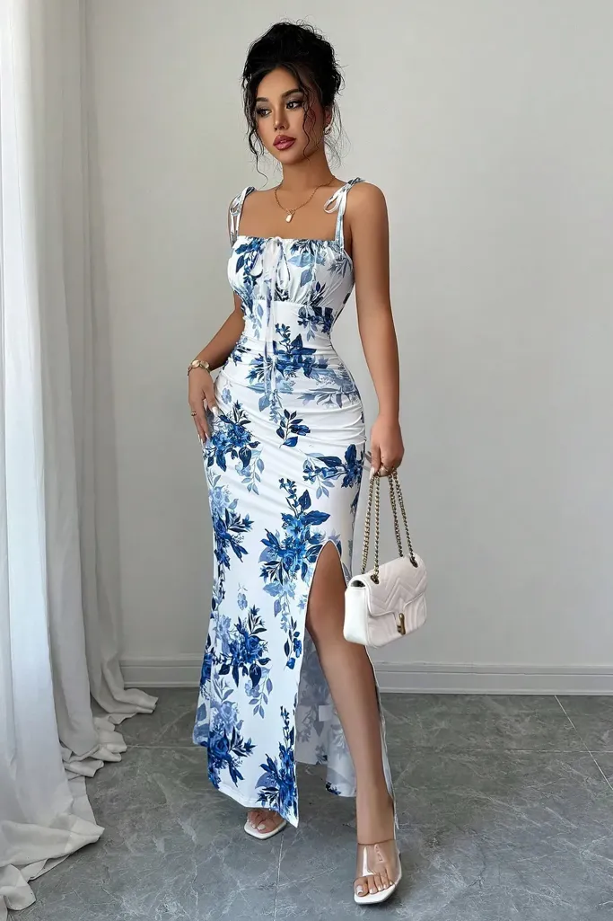 White Floral Mermaid Maxi Dress - Image 1