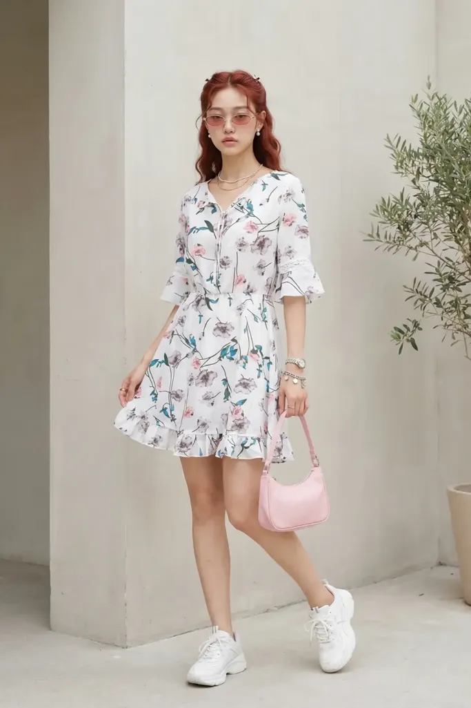 White Floral Crew Neck Mini Dress - Image 1