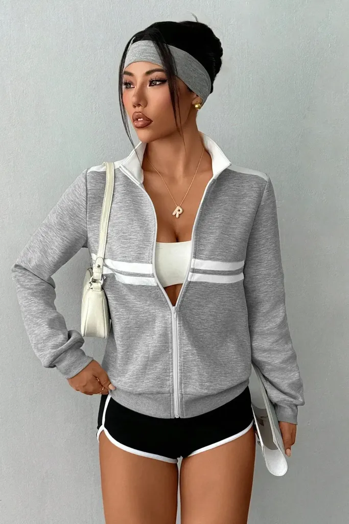 Grey Zip Collar Striped Jacket - Image 1
