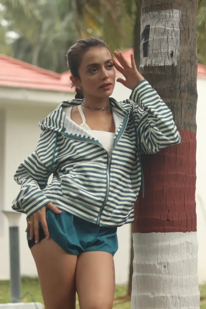 Green Striped Hooded Zipper Jacket - Image 1