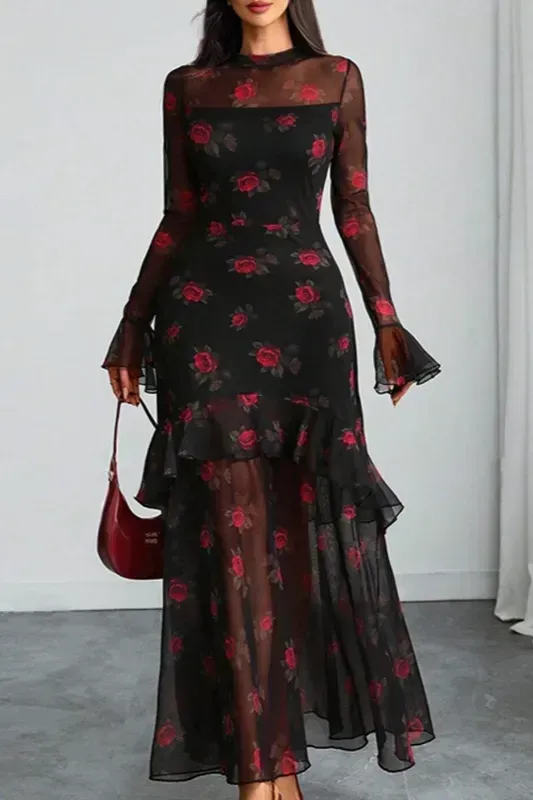 Black Floral Sheer Maxi Dress - Image 1