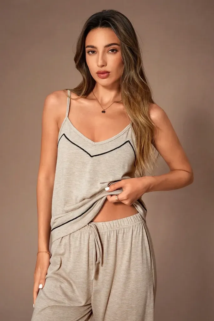 Beige Solid V-Neck Co-Ord Set - Image 1