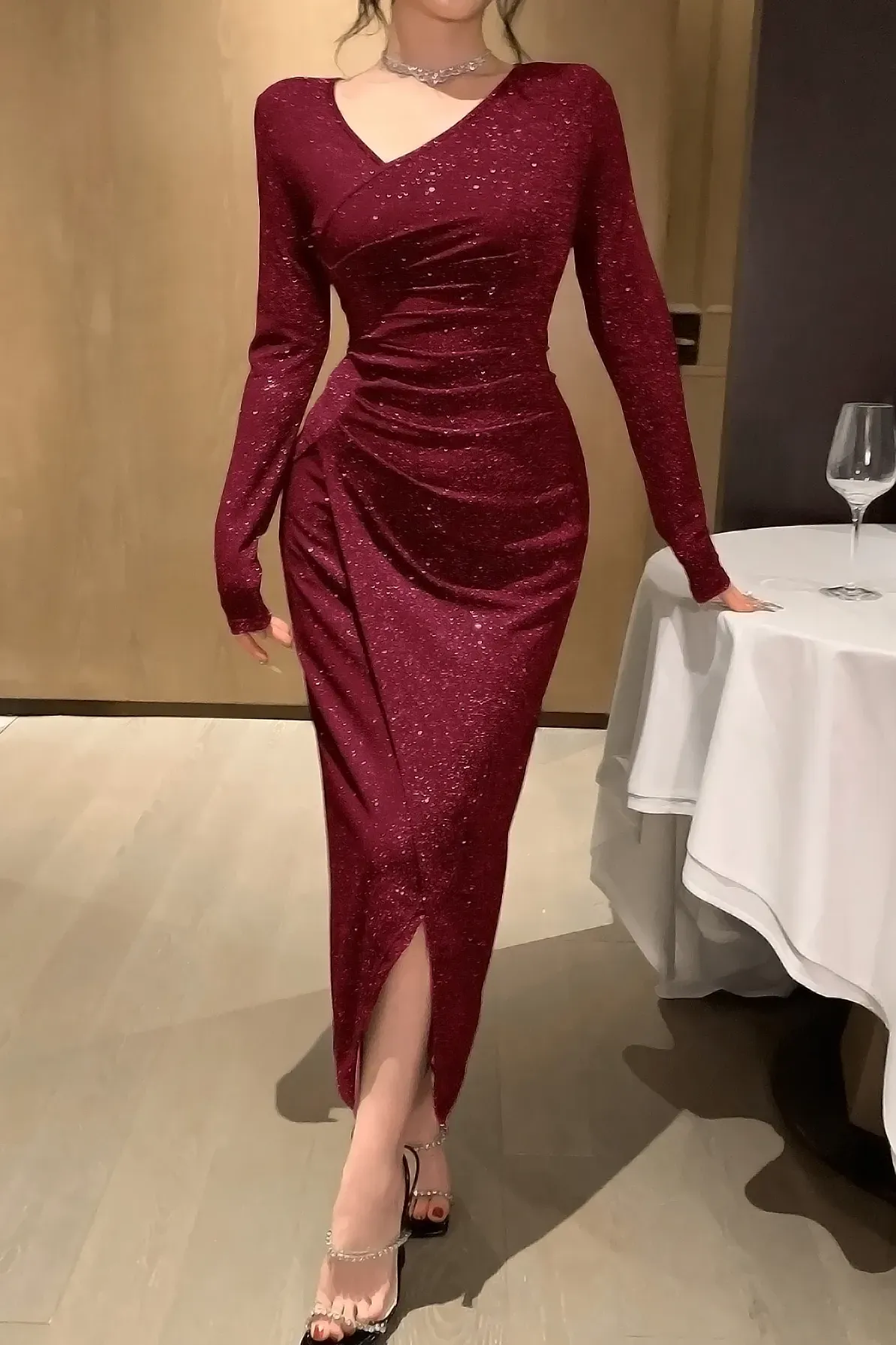 Wine V-Neck Ruched Glitter Midi Dress - NEWME