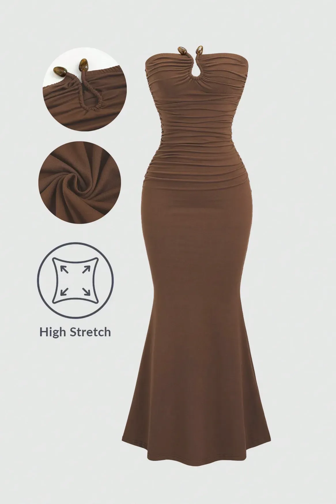 Brown Ruched Tube Maxi Dress - NEWME