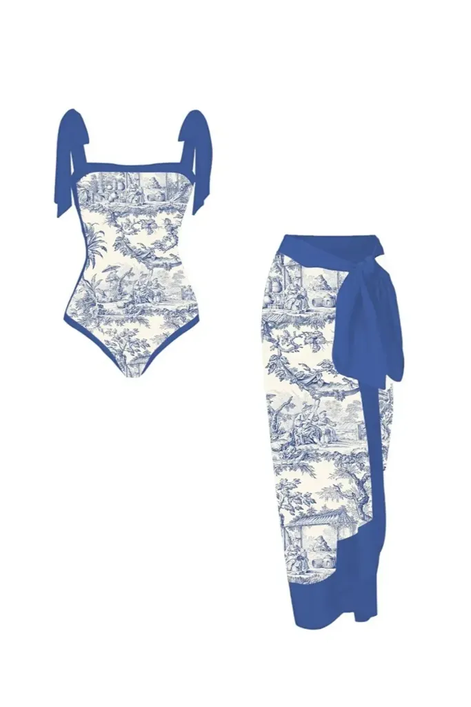 Blue Vintage Print Swimwear Set - Image 1