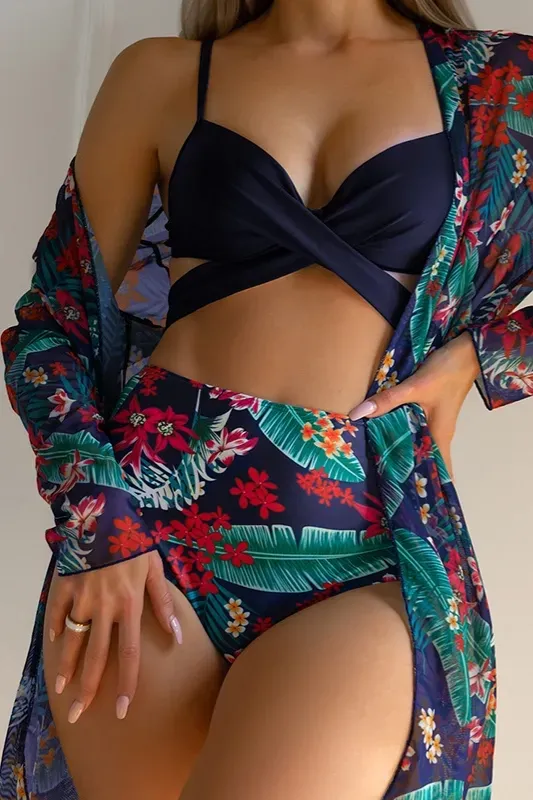 Navy Blue Tropical Set of 3 Swim Set