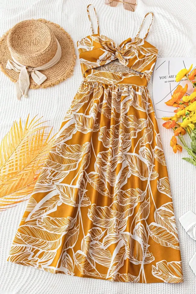 Floral Midi Dress Mustard Yellow Floral Dress Mustard Yellow Floral Print  Mini Dress Womens X-Large (