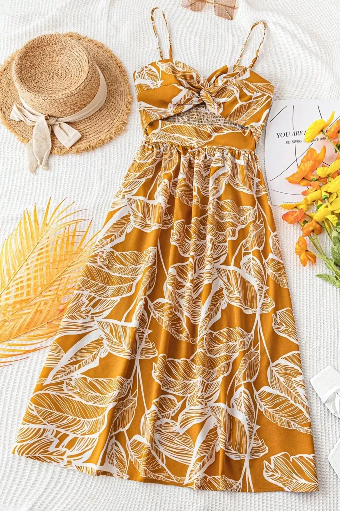Mustard Floral Smocked Midi Dress - Image 1