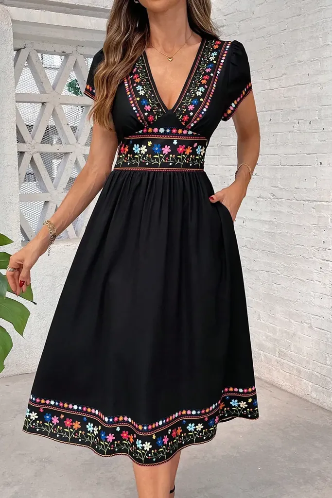 Black Floral V-Neck Midi Dress - Image 1