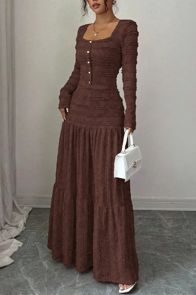 Brown Tiered Square Neck Maxi Dress - Image 1