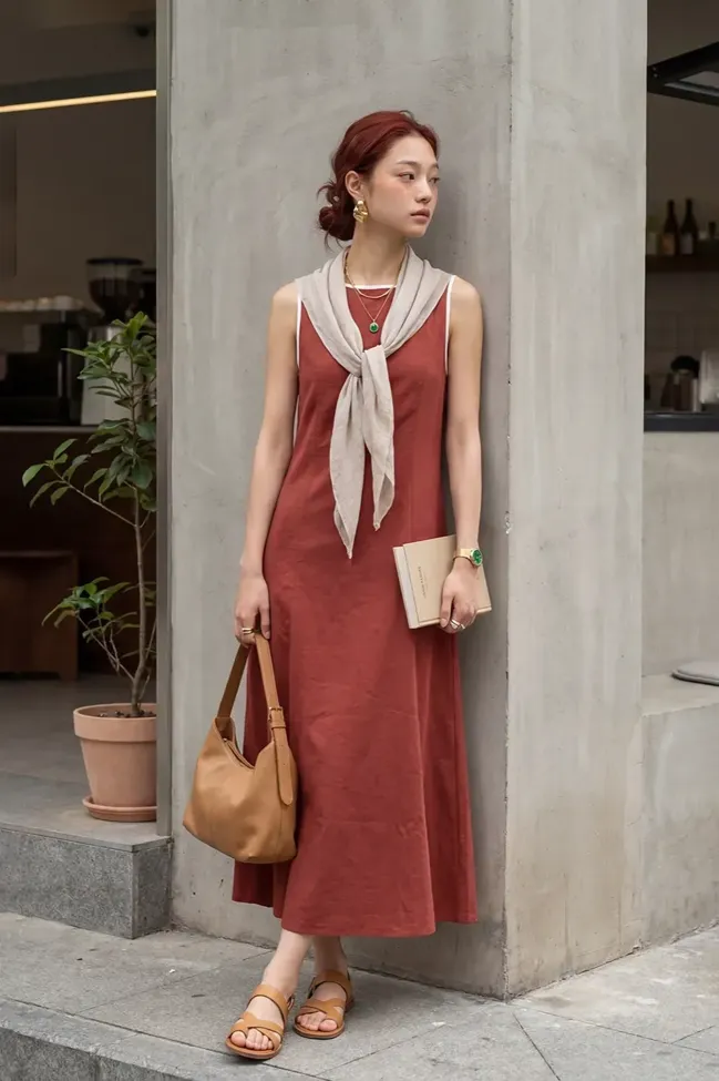 Brown Solid A-Line Midi Dress - NEWME