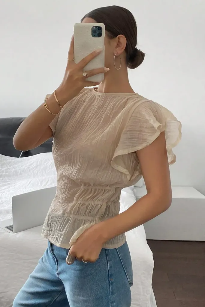 Beige Solid Ruffled Top - Image 1