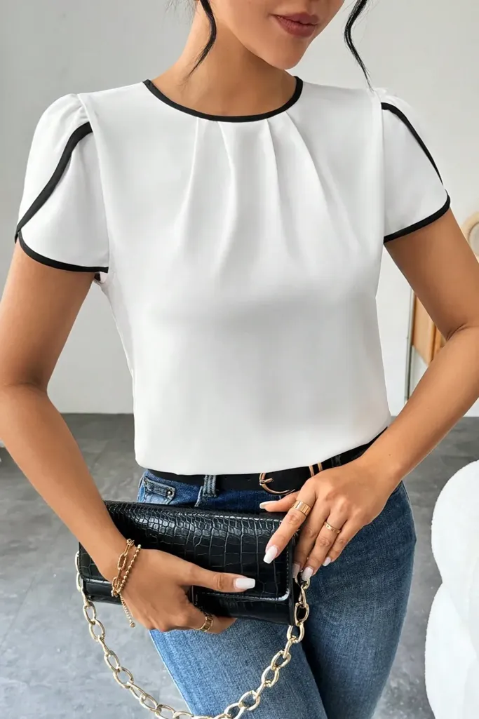 White Round Neck Contrast Stitch Top - Image 1