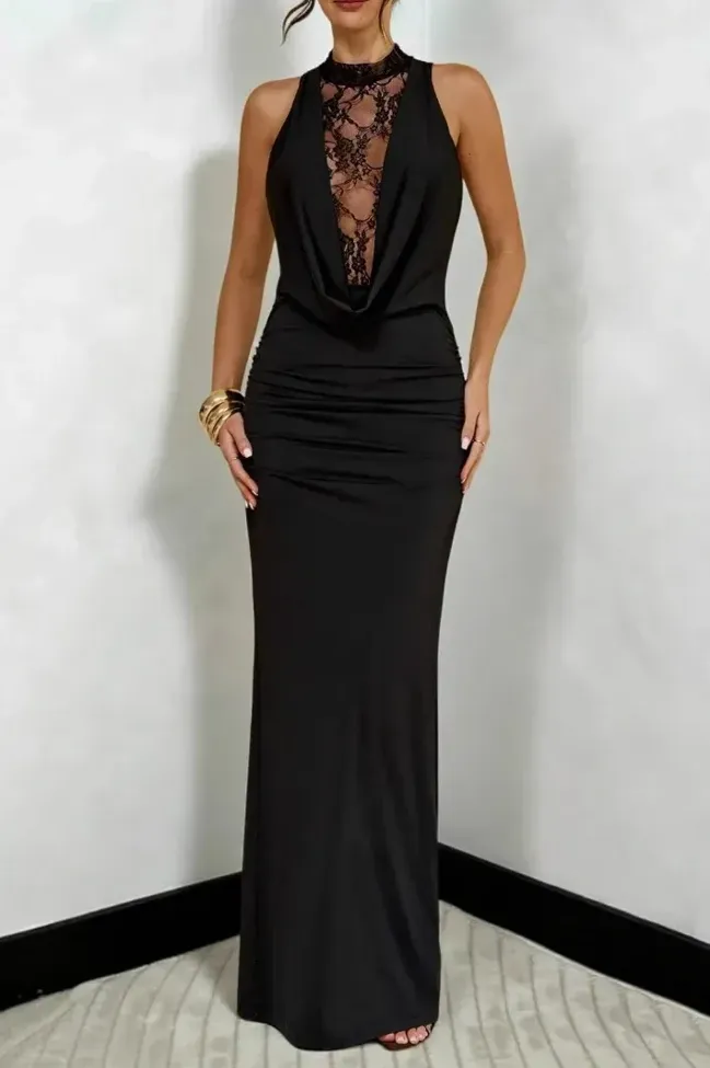 solid lace maxi dress Long Sleeve Draped Bardot Lace Maxi Dress Brown