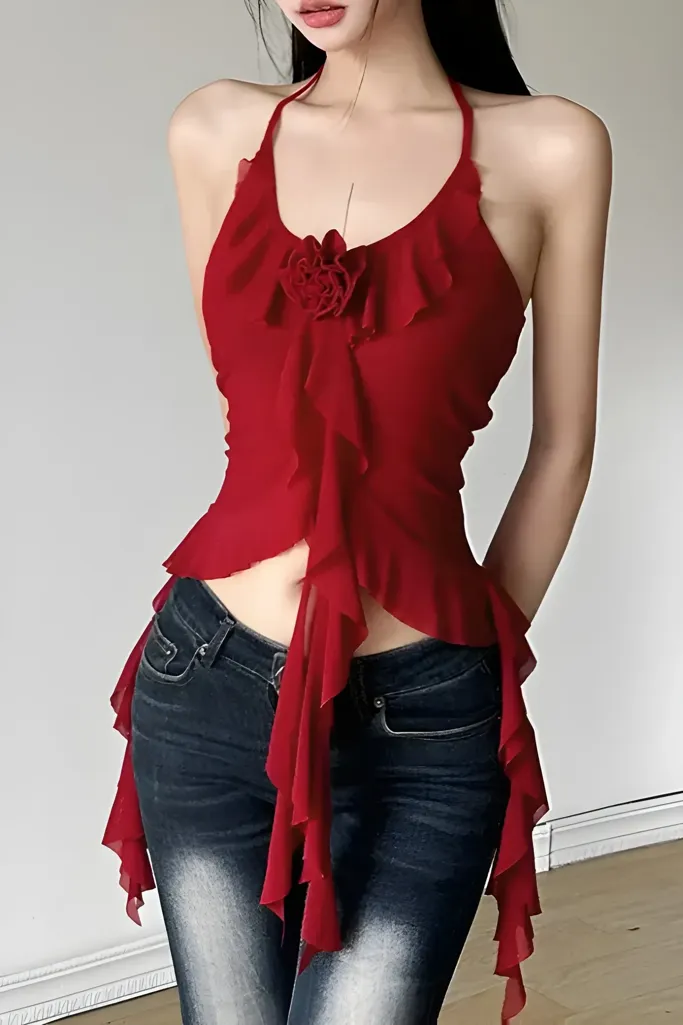 Red Ruffled Halter Neck Top - Image 1