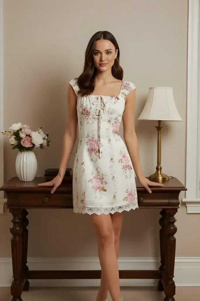 Off White Floral Mini Dress - Image 1