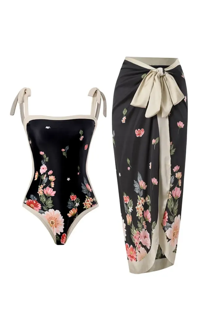 Black Floral Tie-Up Swimwear Set - Image 1