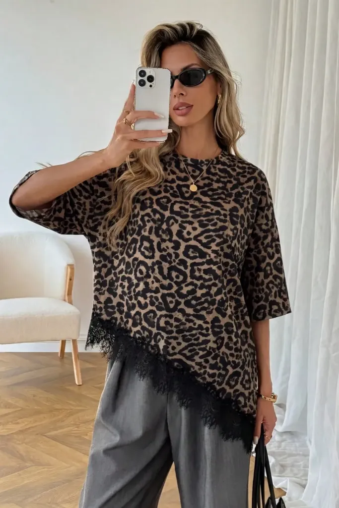 Brown Lace Overlay Leopard T-Shirt - Image 1