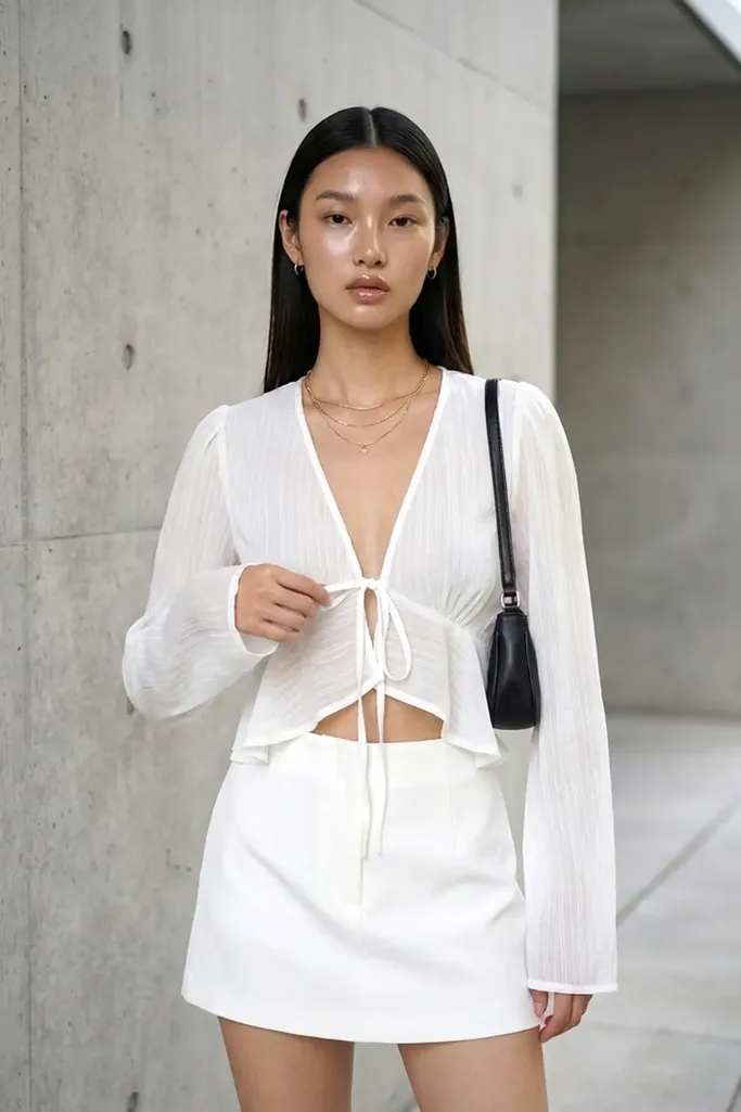 White V-Neck Tie-Up Top - Image 1