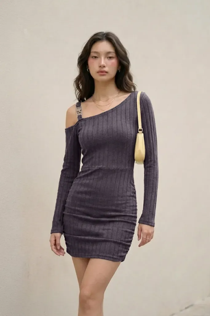 Brown One-Shoulder Bodycon Mini Dress - Image 1