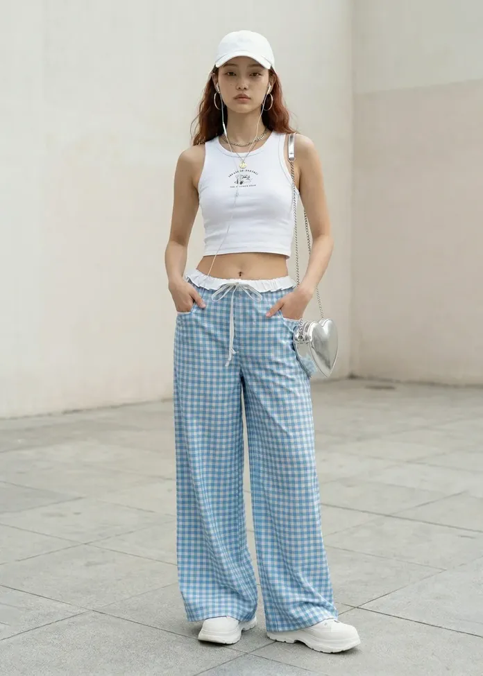 Light Blue Gingham Print Trousers - Image 1