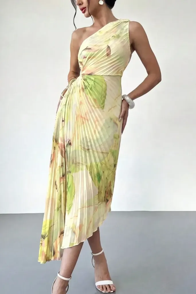 Light Green Floral Asymmetric Dress - Image 1