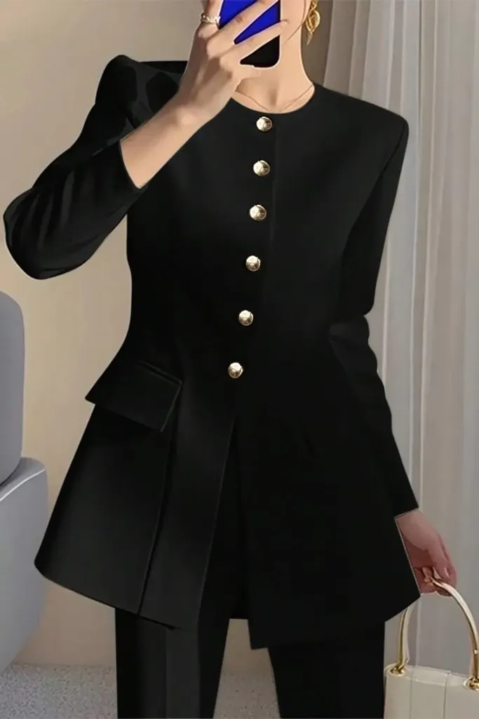 Black Solid Round Neck Blazer - Image 1