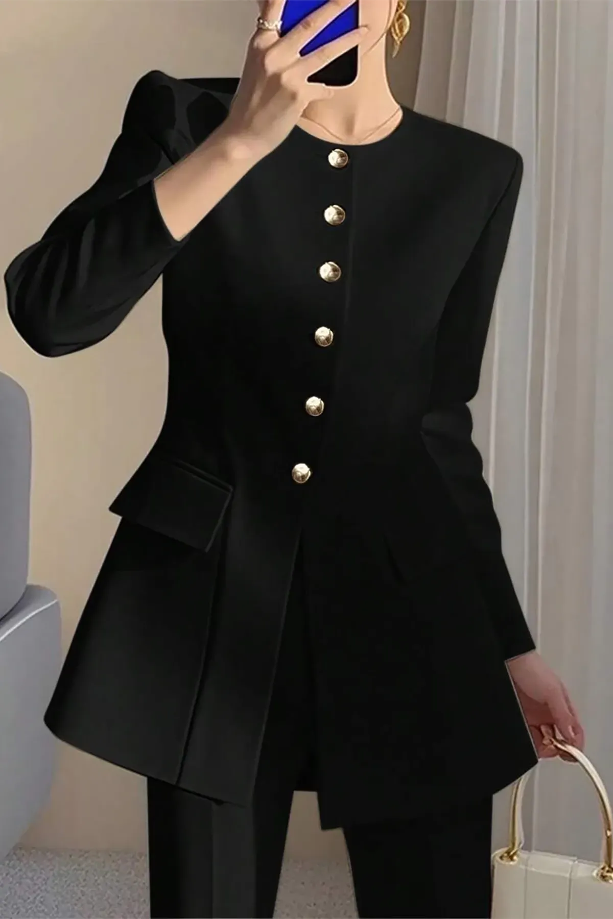 Black Solid Round Neck Blazer