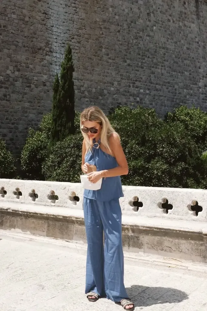 Blue Solid Halter Co-Ord Set - Image 1
