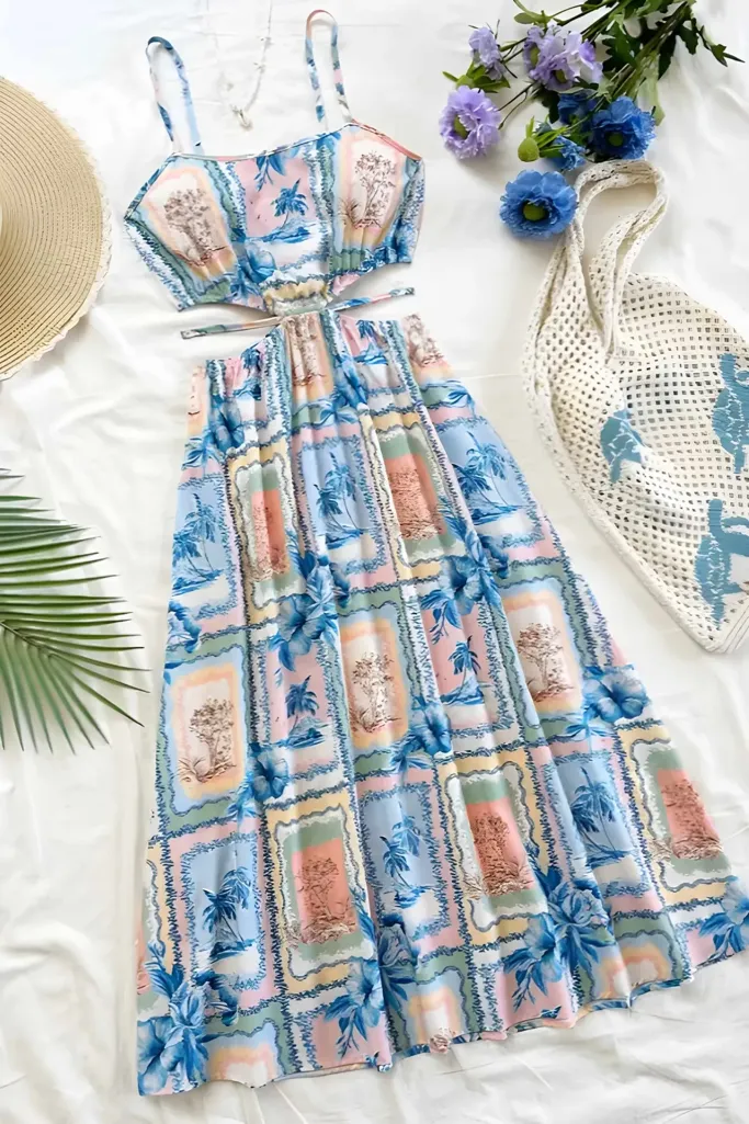 Blue Floral Cut Out Midi Dress - Image 1