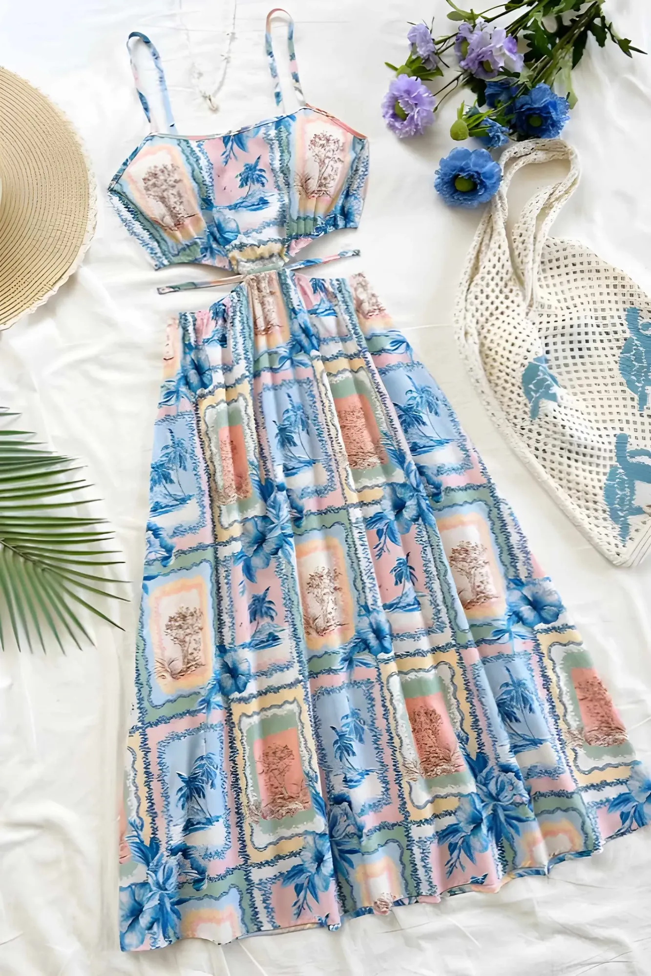 Blue Floral Cut Out Midi Dress