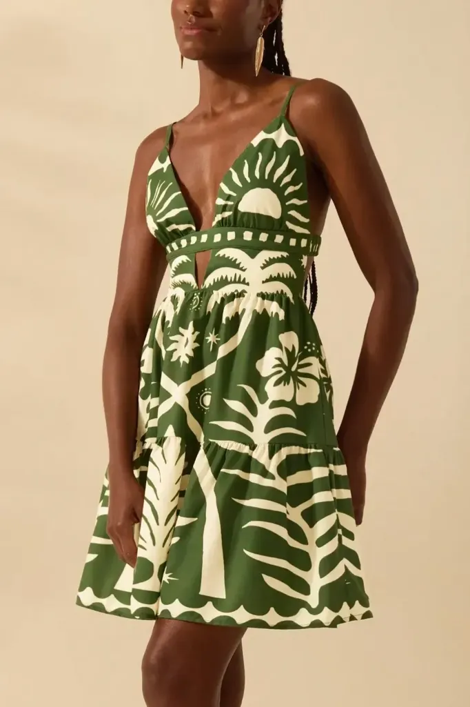 Olive Tropical Printed Mini Dress - Image 1