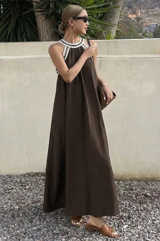 Brown Solid A-Line Halter Maxi Dress - NEWME