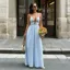 Blue Striped Plunge Neck Maxi Dress