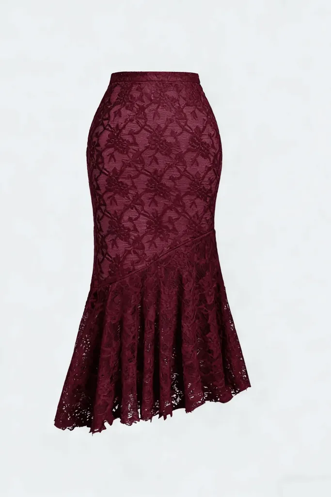 Wine Solid Mid Rise Lace Skirt - Image 1