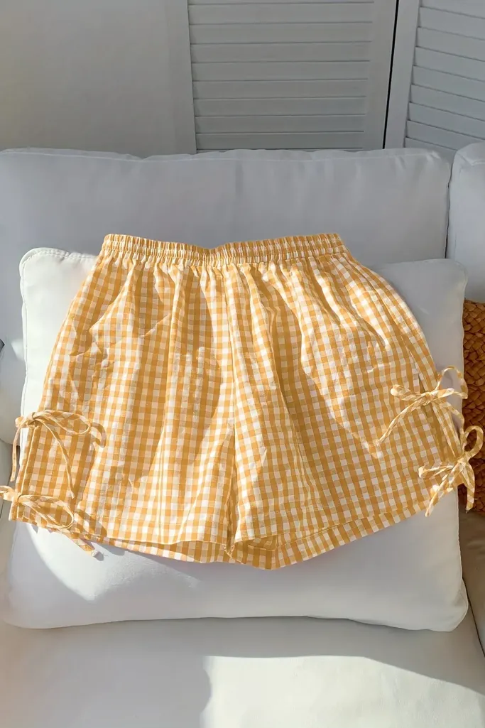Yellow Mid Rise Gingham Shorts - Image 1