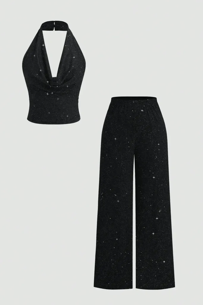 Black Glitter Halter Co-Ord Set - Image 1