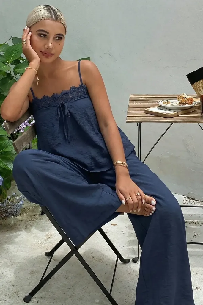 Dark Blue Solid Lace Co-Ord Set - Image 1