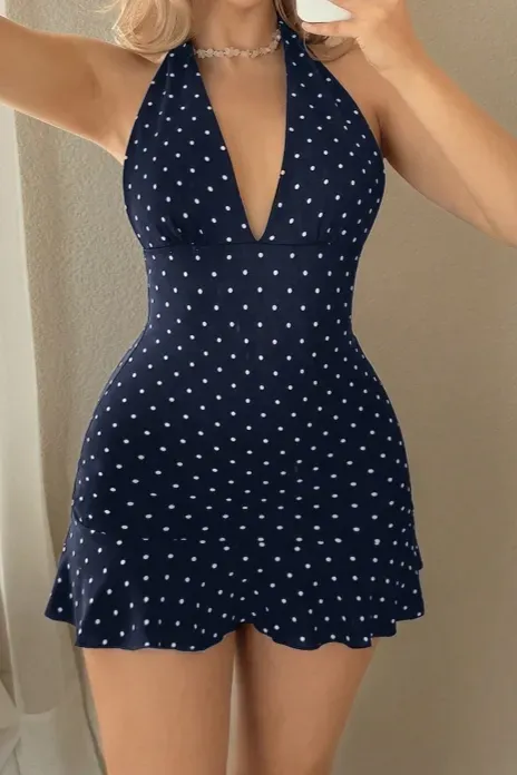 Navy Blue Polka Dot Halter Mini Dress - Image 1