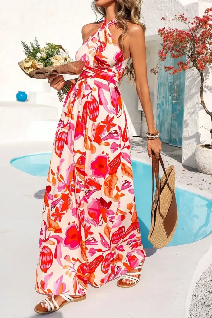 Pink Floral Backless Maxi Dress - Image 1