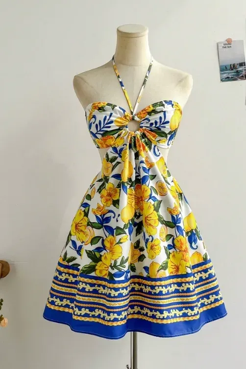 Yellow Cut-Out Floral Halter Mini Dress - Image 1