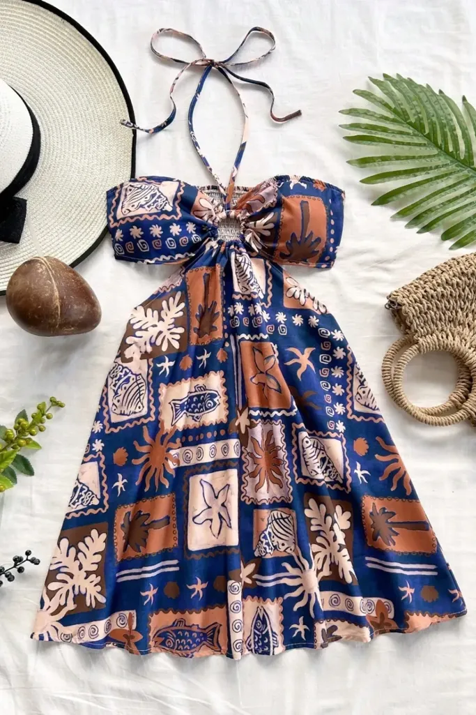 Multicolour Ethnic Print Cut Out Mini Dress - Image 1