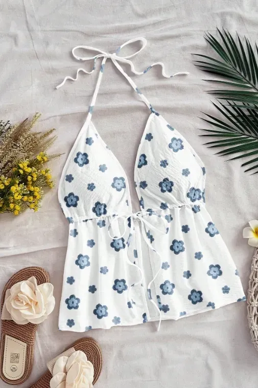 White Floral Halter Neck Top - Image 1