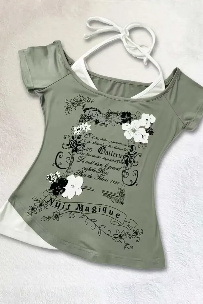 Sage Halter Neck Typography T-Shirt - Image 1