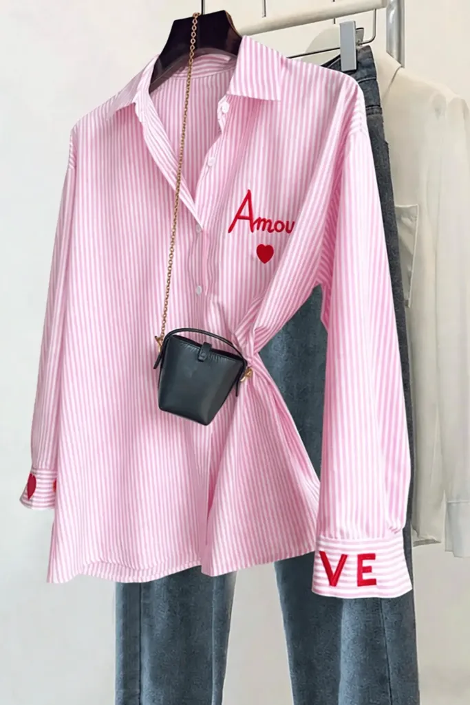 Pink Embroidered Striped Shirt - Image 1