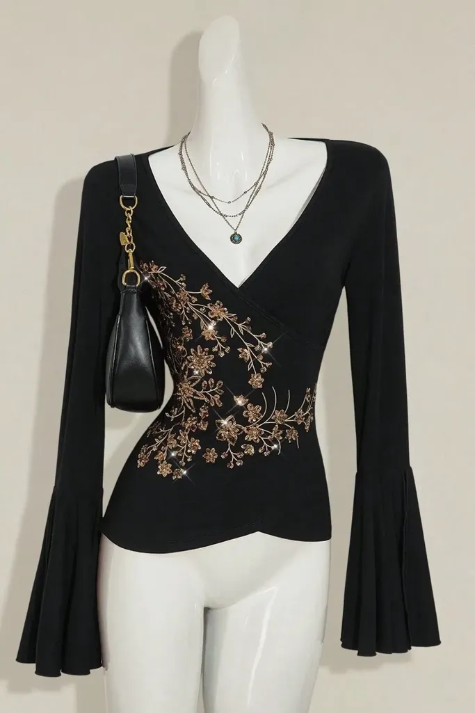 Black Sequined V-Neck Top - Image 1