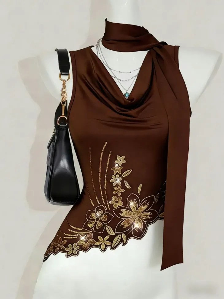 Brown Sequined Cowl Neck Top - Image 1