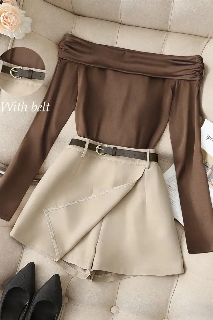 Beige Mid Rise Wrap Skorts - Image 1
