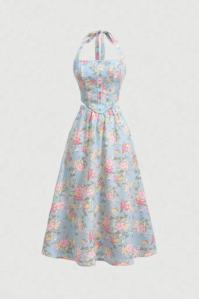 Light Blue Floral Halter Co-Ord Set - Image 1